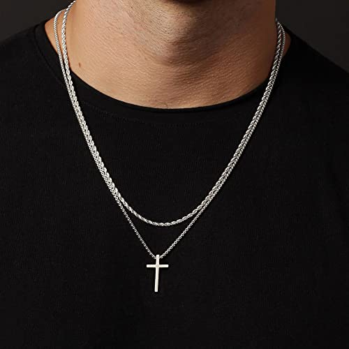 GLISHIVER Cross Necklace for Men, Mens Cross Necklaces Stainless Steel Cross Chain Layered Rope Chain Cross Necklace for Men Cross Chain for Men Boys 20 Inch Cross Necklace Silver Chain for Men