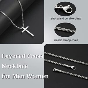 GLISHIVER Cross Necklace for Men, Mens Cross Necklaces Stainless Steel Cross Chain Layered Rope Chain Cross Necklace for Men Cross Chain for Men Boys 20 Inch Cross Necklace Silver Chain for Men