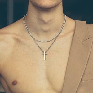 GLISHIVER Cross Necklace for Men, Mens Cross Necklaces Stainless Steel Cross Chain Layered Rope Chain Cross Necklace for Men Cross Chain for Men Boys 20 Inch Cross Necklace Silver Chain for Men