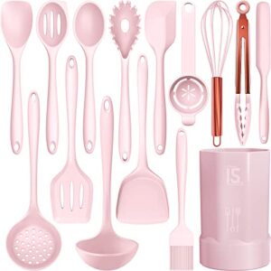 silicone cooking utensils set - 446°f heat resistant kitchen utensils,turner tongs,spatula,spoon,brush,whisk,kitchen utensil gadgets tools set for nonstick cookware,dishwasher safe pink (bpa free)