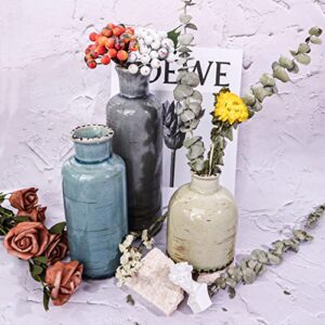 HAYHOI 3Pcs Ceramic Vases for Country Home Décor, Rustic Decorative Modern Farmhouse Flower Vase,Tall Small Boho Vases for Living Room Decor, Shelf,Centerpieces Decoration-Distressed Grey Blue Green