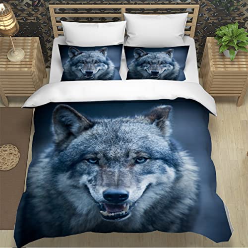 YOSHOME Quilt Cover Queen Size Wolf 3D Bedding Sets Animal Duvet Cover Breathable Hypoallergenic Stain Wrinkle Resistant Microfiber with Zipper Closure,beding Set with 2 Pillowcase