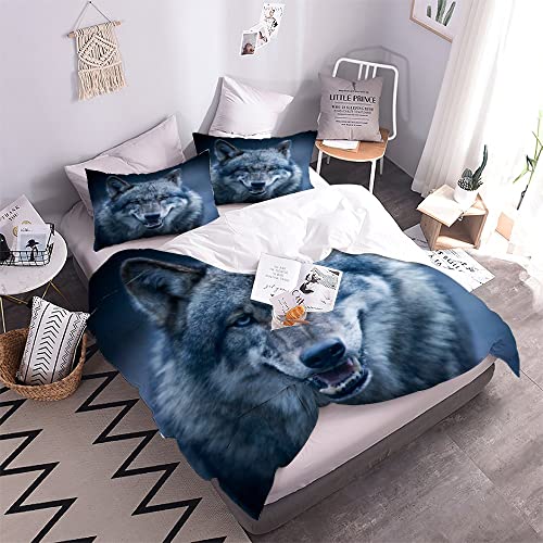 YOSHOME Quilt Cover Queen Size Wolf 3D Bedding Sets Animal Duvet Cover Breathable Hypoallergenic Stain Wrinkle Resistant Microfiber with Zipper Closure,beding Set with 2 Pillowcase