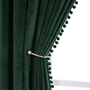 vanasee pompom velvet curtains for bedroom rod pocket 52x84 inch soft blackout window curtains room darkening drape light blocking for living room 2 panels,green