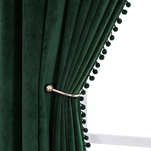 VANASEE Pompom Velvet Curtains for Bedroom Rod Pocket 52x84 inch Soft Blackout Window Curtains Room Darkening Drape Light Blocking for Living Room 2 Panels,Green