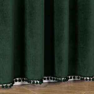 VANASEE Pompom Velvet Curtains for Bedroom Rod Pocket 52x84 inch Soft Blackout Window Curtains Room Darkening Drape Light Blocking for Living Room 2 Panels,Green