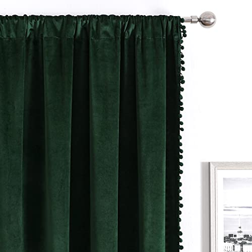 VANASEE Pompom Velvet Curtains for Bedroom Rod Pocket 52x84 inch Soft Blackout Window Curtains Room Darkening Drape Light Blocking for Living Room 2 Panels,Green