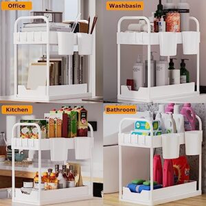 AIXPI 2-Tier Sliding Under Cabinet Storage with Hooks, Hanging Cup, Handles, Multi-Purpose Under Sink Organizer for Bathroom Kitchen, White, 2Pack