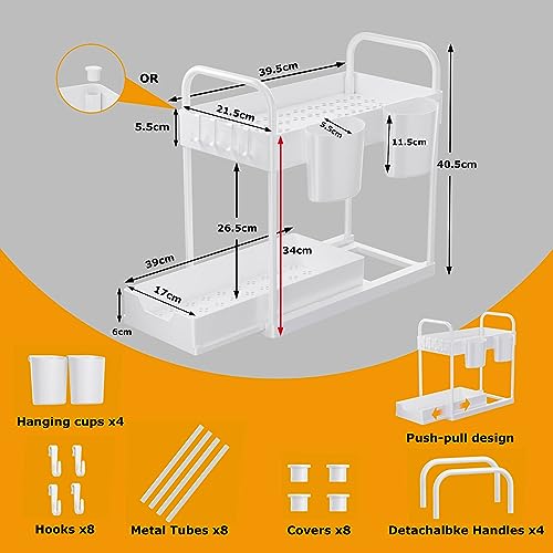 AIXPI 2-Tier Sliding Under Cabinet Storage with Hooks, Hanging Cup, Handles, Multi-Purpose Under Sink Organizer for Bathroom Kitchen, White, 2Pack