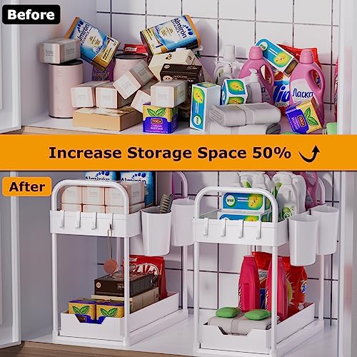 AIXPI 2-Tier Sliding Under Cabinet Storage with Hooks, Hanging Cup, Handles, Multi-Purpose Under Sink Organizer for Bathroom Kitchen, White, 2Pack