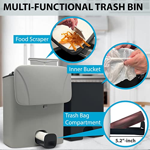 KSEV 2.6 Gallon Kitchen Hanging Trash Bin with Lid and Trash Bag Compartment, (2 Way Slide Open) Mountable Garbage Compost Can for Counter Top, Under Sink, Cabinet Door, Bathroom, RV, Pontoon (Gray)