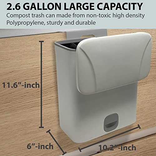 KSEV 2.6 Gallon Kitchen Hanging Trash Bin with Lid and Trash Bag Compartment, (2 Way Slide Open) Mountable Garbage Compost Can for Counter Top, Under Sink, Cabinet Door, Bathroom, RV, Pontoon (Gray)
