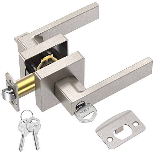 TICONN Door Handle Heavy Duty, Reversible Square Door Lever for Bedroom, Bathroom and Rooms (Satin Nickel, Keyed Entry - Keyed Alike)