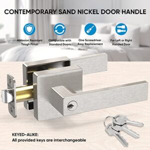 TICONN Door Handle Heavy Duty, Reversible Square Door Lever for Bedroom, Bathroom and Rooms (Satin Nickel, Keyed Entry - Keyed Alike)