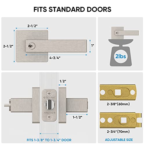 TICONN Door Handle Heavy Duty, Reversible Square Door Lever for Bedroom, Bathroom and Rooms (Satin Nickel, Keyed Entry - Keyed Alike)