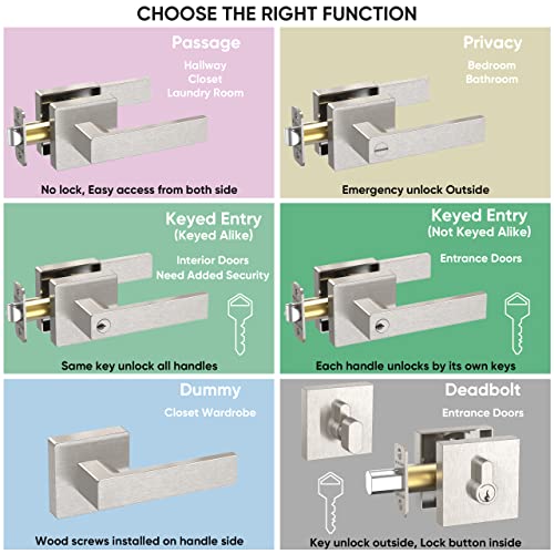 TICONN Door Handle Heavy Duty, Reversible Square Door Lever for Bedroom, Bathroom and Rooms (Satin Nickel, Keyed Entry - Keyed Alike)