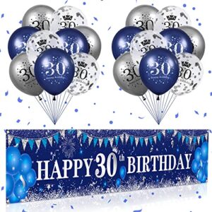 blue 30th birthday decorations for men women, navy blue silver happy 30th birthday yard banner, blue 30th birthday balloons for 30th birthday anniversary party decorations supplies