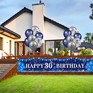 Blue 30th Birthday Decorations for Men Women, Navy Blue Silver Happy 30th Birthday Yard Banner, Blue 30th Birthday Balloons for 30th Birthday Anniversary Party Decorations Supplies