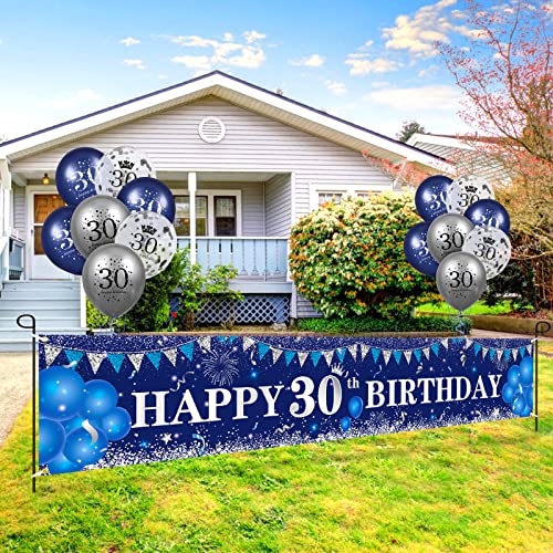 Blue 30th Birthday Decorations for Men Women, Navy Blue Silver Happy 30th Birthday Yard Banner, Blue 30th Birthday Balloons for 30th Birthday Anniversary Party Decorations Supplies