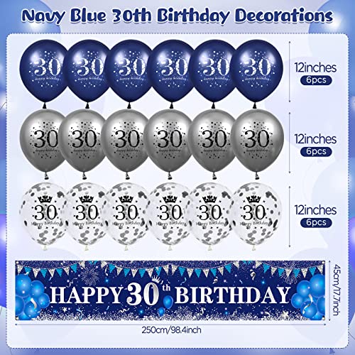 Blue 30th Birthday Decorations for Men Women, Navy Blue Silver Happy 30th Birthday Yard Banner, Blue 30th Birthday Balloons for 30th Birthday Anniversary Party Decorations Supplies