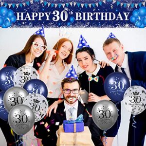 Blue 30th Birthday Decorations for Men Women, Navy Blue Silver Happy 30th Birthday Yard Banner, Blue 30th Birthday Balloons for 30th Birthday Anniversary Party Decorations Supplies