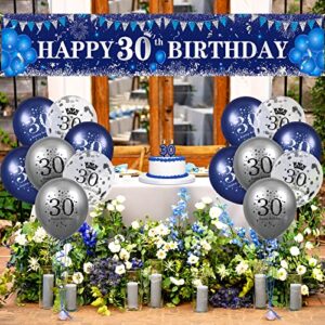 Blue 30th Birthday Decorations for Men Women, Navy Blue Silver Happy 30th Birthday Yard Banner, Blue 30th Birthday Balloons for 30th Birthday Anniversary Party Decorations Supplies