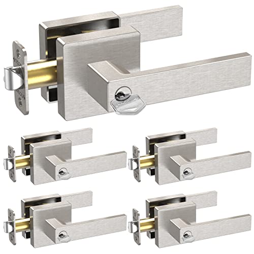 TICONN 5Pk Door Handle Heavy Duty, Reversible Square Door Lever for Bedroom, Bathroom and Rooms (Satin Nickel, Keyed Entry - Not Keyed Alike, 5 Pack)