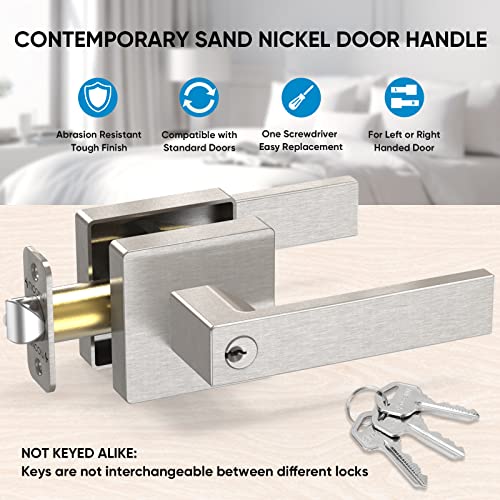 TICONN 5Pk Door Handle Heavy Duty, Reversible Square Door Lever for Bedroom, Bathroom and Rooms (Satin Nickel, Keyed Entry - Not Keyed Alike, 5 Pack)