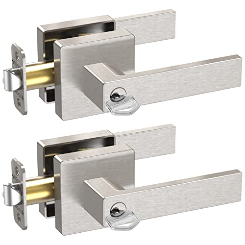 TICONN 2Pk Door Handle Heavy Duty, Reversible Square Door Lever for Bedroom, Bathroom and Rooms (Satin Nickel, Keyed Entry - Keyed Alike, 2 Pack)