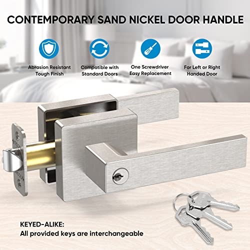 TICONN 2Pk Door Handle Heavy Duty, Reversible Square Door Lever for Bedroom, Bathroom and Rooms (Satin Nickel, Keyed Entry - Keyed Alike, 2 Pack)