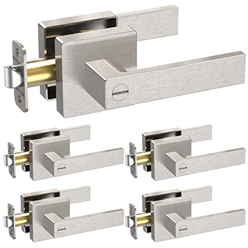 TICONN 5Pk Door Handle Heavy Duty, Reversible Square Door Lever for Bedroom, Bathroom and Rooms (Satin Nickel, Privacy, 5 Pack)