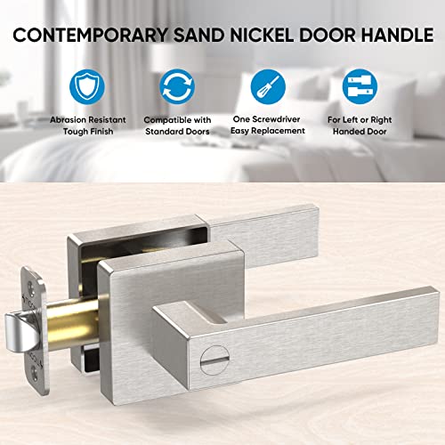 TICONN 5Pk Door Handle Heavy Duty, Reversible Square Door Lever for Bedroom, Bathroom and Rooms (Satin Nickel, Privacy, 5 Pack)