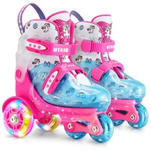 hykid toddler roller skates, 4 adjustable sizes, fun illuminating, safety three-point type, breathable upper, beginners' roller skates for girls boys kids (unicorn rose pink, xs-small,8c-11c)