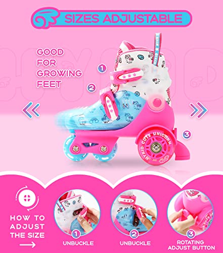 HYKID Toddler Roller Skates, 4 Adjustable Sizes, Fun Illuminating, Safety Three-Point Type, Breathable Upper, Beginners' Roller Skates for Girls Boys Kids (Unicorn Rose Pink, XS-Small,8C-11C)