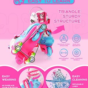 HYKID Toddler Roller Skates, 4 Adjustable Sizes, Fun Illuminating, Safety Three-Point Type, Breathable Upper, Beginners' Roller Skates for Girls Boys Kids (Unicorn Rose Pink, XS-Small,8C-11C)