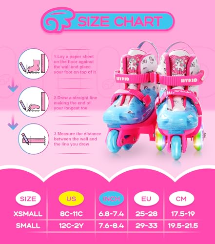 HYKID Toddler Roller Skates, 4 Adjustable Sizes, Fun Illuminating, Safety Three-Point Type, Breathable Upper, Beginners' Roller Skates for Girls Boys Kids (Unicorn Rose Pink, XS-Small,8C-11C)