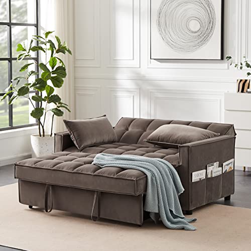 Aoowow 58 Inch Convertible Sleeper Sofa, Velvet Loveseat Sleeper Pull Out Sofa Bed Convertible Loveseat with Adjustable Backrest, 2 Pillows and Side Pockets for Living Room Small Spaces (Brown)