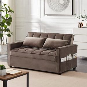 Aoowow 58 Inch Convertible Sleeper Sofa, Velvet Loveseat Sleeper Pull Out Sofa Bed Convertible Loveseat with Adjustable Backrest, 2 Pillows and Side Pockets for Living Room Small Spaces (Brown)