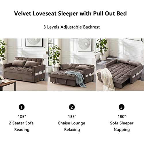 Aoowow 58 Inch Convertible Sleeper Sofa, Velvet Loveseat Sleeper Pull Out Sofa Bed Convertible Loveseat with Adjustable Backrest, 2 Pillows and Side Pockets for Living Room Small Spaces (Brown)