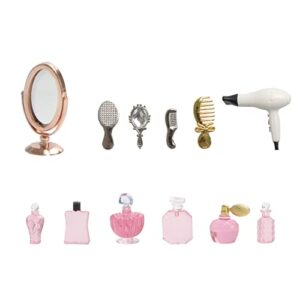 hiawbon 1/12 scale miniature bathroom accessories kit mini plastic hair dryer brush comb mirror perfume bottles set for mini house bedroom decoration,set a