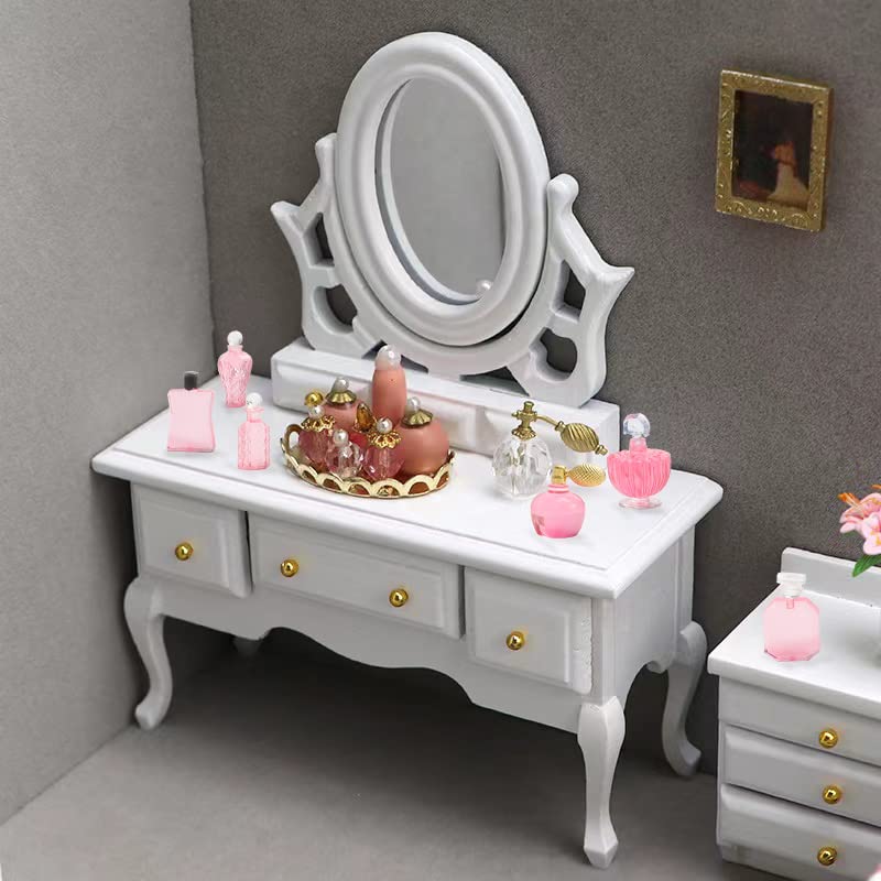 Hiawbon 1/12 Scale Miniature Bathroom Accessories Kit Mini Plastic Hair Dryer Brush Comb Mirror Perfume Bottles Set for Mini House Bedroom Decoration,Set A