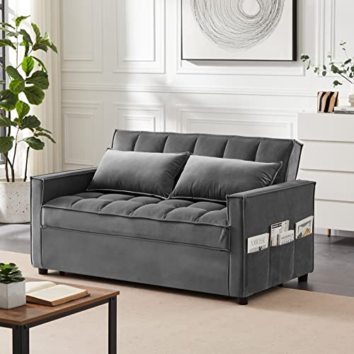 Aoowow 58 Inch Convertible Sleeper Sofa, Velvet Loveseat Sleeper Pull Out Sofa Bed Convertible Loveseat with Adjustable Backrest, 2 Pillows and Side Pockets for Living Room Small Spaces (Gray)