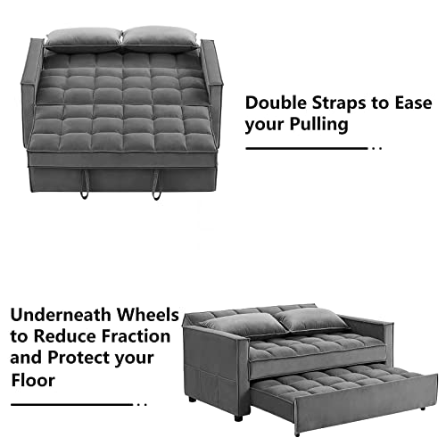 Aoowow 58 Inch Convertible Sleeper Sofa, Velvet Loveseat Sleeper Pull Out Sofa Bed Convertible Loveseat with Adjustable Backrest, 2 Pillows and Side Pockets for Living Room Small Spaces (Gray)