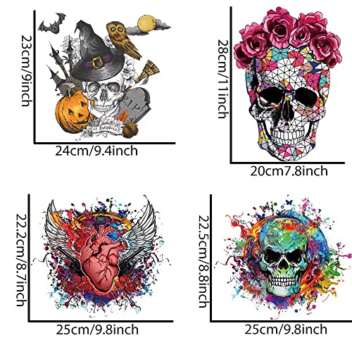 Halloween Iron on Transfers,Skull Stickers Patches Halloween Supplies Red Rose Flower Heart Feather Iron on Heat Transfer Decals for Jacket Jeans Clothes DIY Decorations