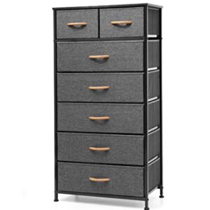 Pellebant Dresser for Bedroom with 7 Drawers, Tall Dresser Vertical Storage Tower, Sturdy Metal Frame, Fabric Storage Bins with Wooden Handle and Wooden Top, Organizer Unit for Closet/Hallway, Grey