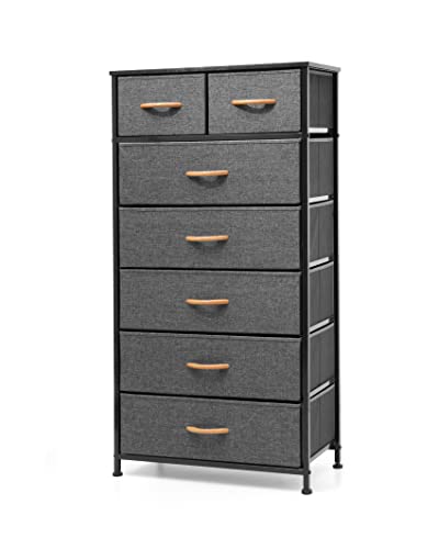 Pellebant Dresser for Bedroom with 7 Drawers, Tall Dresser Vertical Storage Tower, Sturdy Metal Frame, Fabric Storage Bins with Wooden Handle and Wooden Top, Organizer Unit for Closet/Hallway, Grey