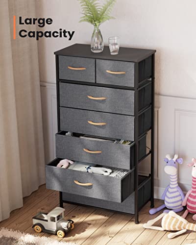 Pellebant Dresser for Bedroom with 7 Drawers, Tall Dresser Vertical Storage Tower, Sturdy Metal Frame, Fabric Storage Bins with Wooden Handle and Wooden Top, Organizer Unit for Closet/Hallway, Grey