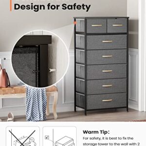 Pellebant Dresser for Bedroom with 7 Drawers, Tall Dresser Vertical Storage Tower, Sturdy Metal Frame, Fabric Storage Bins with Wooden Handle and Wooden Top, Organizer Unit for Closet/Hallway, Grey