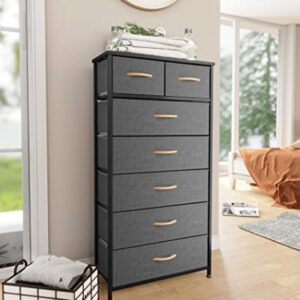 Pellebant Dresser for Bedroom with 7 Drawers, Tall Dresser Vertical Storage Tower, Sturdy Metal Frame, Fabric Storage Bins with Wooden Handle and Wooden Top, Organizer Unit for Closet/Hallway, Grey