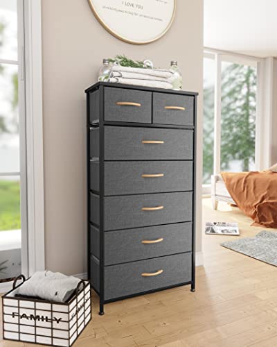 Pellebant Dresser for Bedroom with 7 Drawers, Tall Dresser Vertical Storage Tower, Sturdy Metal Frame, Fabric Storage Bins with Wooden Handle and Wooden Top, Organizer Unit for Closet/Hallway, Grey